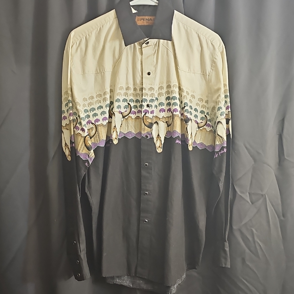 Men's Black and Beige Button Down Shirt with Purple Accents